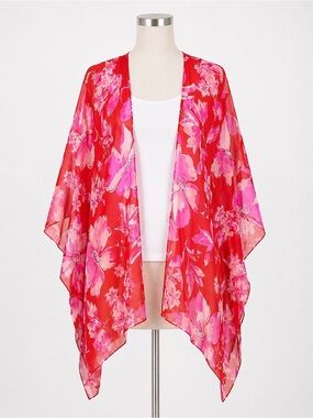 Karen Kane Tropical Floral Kimono Cardigan Open Front Cover Up Red Pink S/M NWT